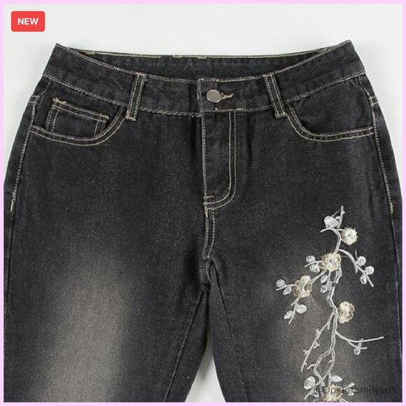 Stretchy Flare Jeans Mid Rise Embroidery Vintage Denim Y2K Retro - Picture 7 of 8
